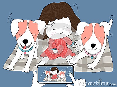 The dog family with the girls enjoying their poses for photos. Vector Illustration