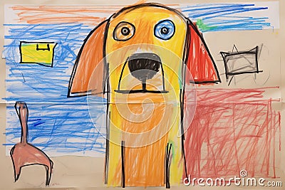 Dog, five year old child painting. Generative AI Stock Photo