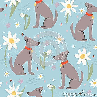 Dog and flower seamless patter. Cute background. Vector Illustration