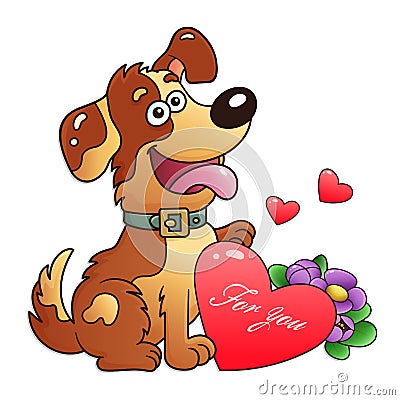 Dog with flowers and heart isolated on white background. Greeting card. Birthday. Valentine`s day. For kids Vector Illustration