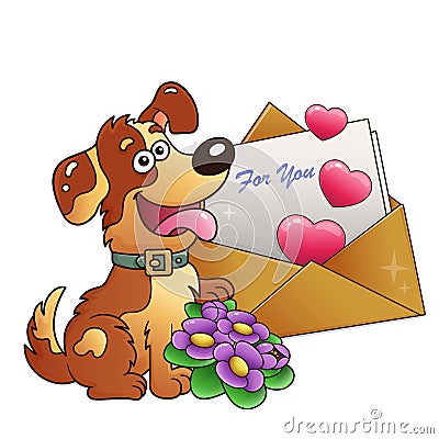 Dog with flowers and letter isolated on white background. Greeting card. Birthday. Valentine`s day. For kids Vector Illustration