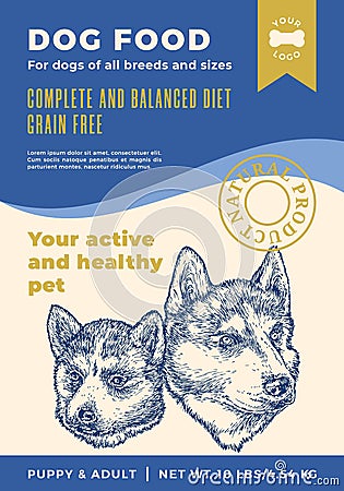 Dog Food Label Template. Abstract Vector Packaging Design Layout. Modern Typography Banner with Hand Drawn Husky Puppy Vector Illustration