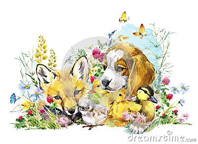 Dog. fox. duckling. chicken. watercolor farms animal collection. Cartoon Illustration