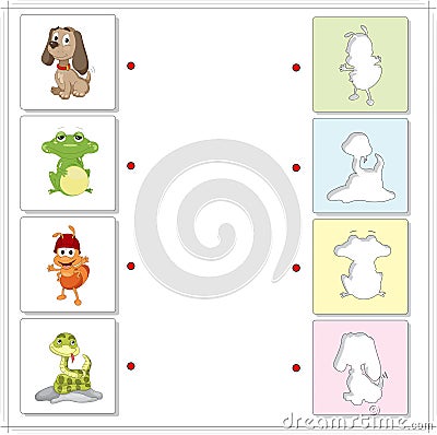 Dog, frog, ant and snake. Educational game for kids Vector Illustration