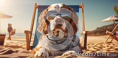 dog pet summer beach chair lazy vacation relax sunglasses funny. Generative AI. Stock Photo