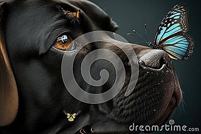 Dog with giant butterfly on nose illustration generative ai Cartoon Illustration