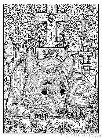 Dog on grave. Black and white mystic concept for Lenormand oracle tarot card Cartoon Illustration