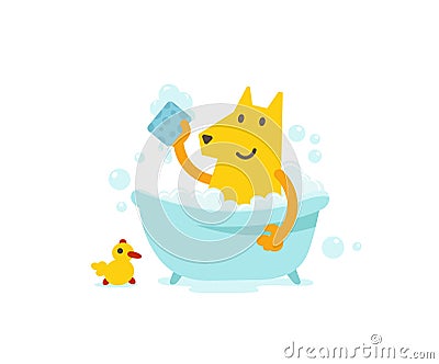 Dog grooming. Bathing time. Canine hygiene. Cute dog taking a bath. Vector cartoon illustration Cartoon Illustration