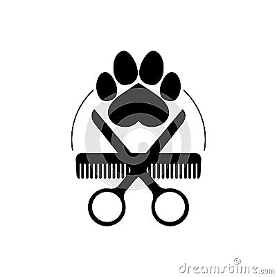 Dog grooming logo design template. Dog pawprint with comb and scissors. Vector clipart and drawing. Isolated illustration. Vector Illustration