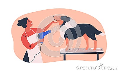 Dog grooming service flat vector illustration. Hairdresser holding electric hairdryer equipment cartoon character Vector Illustration