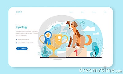 Dog handler web banner or landing page. Training exercise for dogs. Vector Illustration