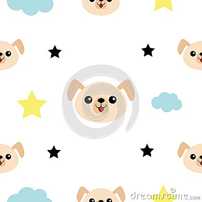 Dog head, hands. Cloud, star shape. Cute cartoon kawaii character. Baby pet collection. Seamless Pattern Wrapping paper, textile t Vector Illustration