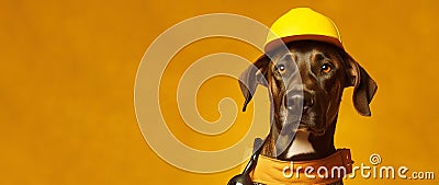 dog in helmet, labor day concept, panoramic layout. Stock Photo