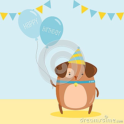 Dog Holding Birthday Balloons Vector Illustration