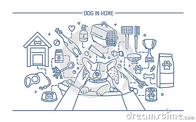 Dog in home contour banner with pet toys, meds and puppy meals. Horizontal outline line art vector illustration. Vector Illustration