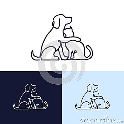 Dog hugging cat line art illustration, pet logo design illustration with color variations, animal rescue, veterinary or pet Vector Illustration