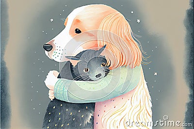 The dog hugs the cat. Sweet postcard. AI render. Stock Photo