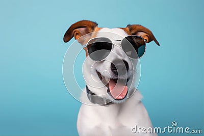 dog blue pet portrait smile cute sunglasses funny background animal. Generative AI. Stock Photo