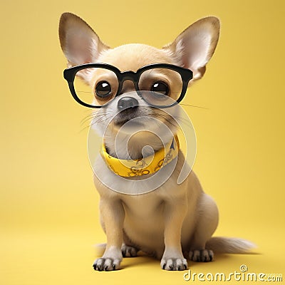 dog animal glasses cute yellow pet puppy chihuahua background smart portrait. Generative AI. Stock Photo