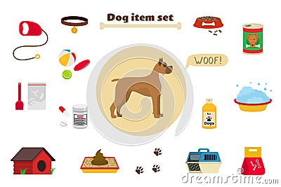 Dog items set care object and stuff. Elements around the dog. Vector Illustration