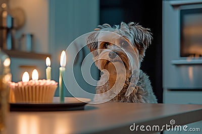 Dog itting in front of birthday cake. Cartoon Illustration