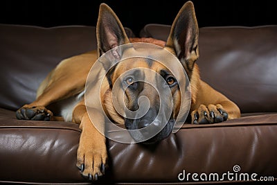 a dog laying on a couch Stock Photo