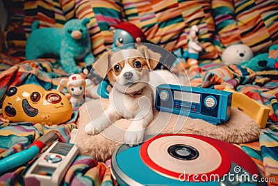 A dog laying on top of a pile of toys. Generative AI image. Stock Photo