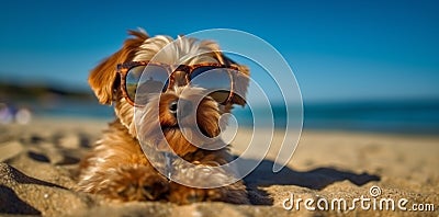 dog lazy chair sunglasses beach funny summer vacation pet relax. Generative AI. Stock Photo