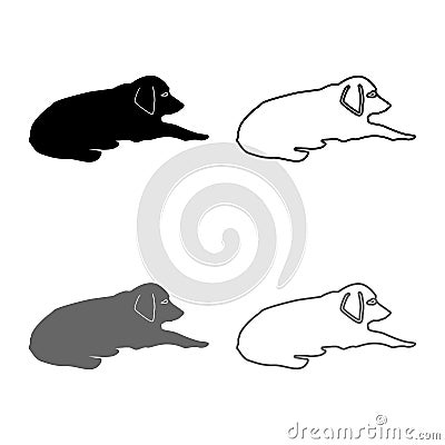 Dog lie on street Pet lying on ground Relaxed doggy icon set grey black color illustration outline flat style simple image Vector Illustration