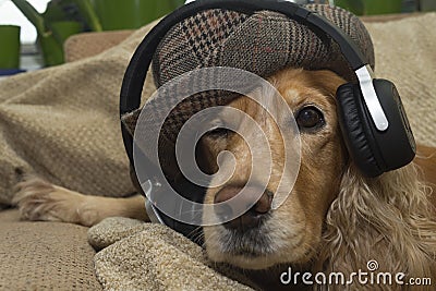 The dog listens to music on the mobile phone while lying on the couch Stock Photo