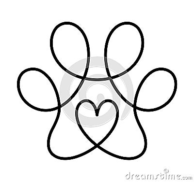 Dog love or cat paw footprint and heart in continuous one line drawing logo. Minimal line art. Animal in heart. Pets Vector Illustration