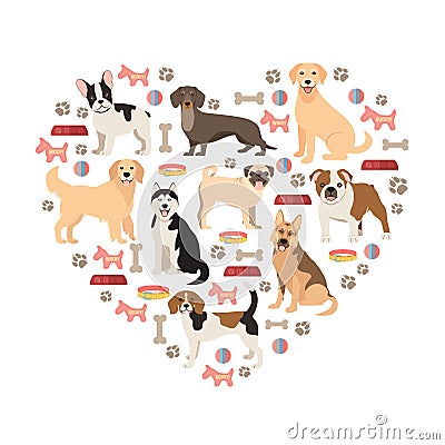 Dog lovers flat style collection. Cartoon dogs breeds set. Vector illustration isolated Vector Illustration