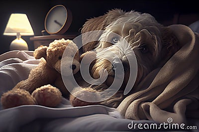 Dog lying in bed under blanket, sick and unwell pet concet. Generative AI Stock Photo