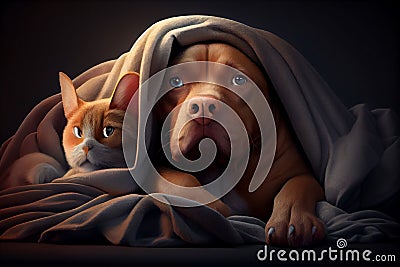 Dog lying in bed under blanket, sick and unwell pet concet. Generative AI Stock Photo
