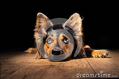 Dog lying down looking up Stock Photo