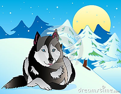 Dog lying in snowy landscape Vector Illustration