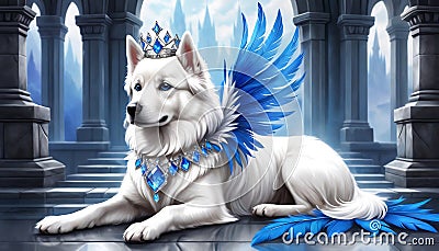 The dog is a majestic creature with pure white fur and bright blue wings. Stock Photo