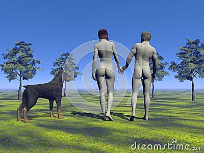 Dog and man and woman Stock Photo