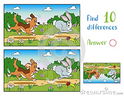 Dog in the meadow chasing a rabbit. Find 10 differences Vector Illustration