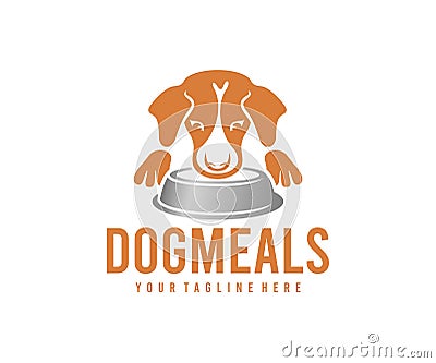 Dog meals, dog food, dog and bowl of feed, logo design. Pet, animal, pet shop and pet care, vector design Vector Illustration