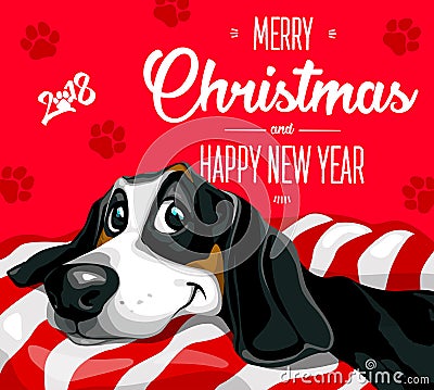 Dog. Merry Christmas and a Happy New Year 2018. Happy, funny puppy Vector Illustration