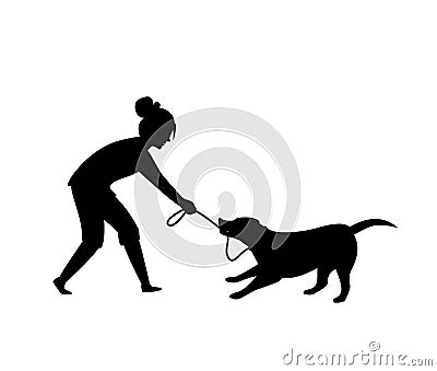 Dog misbehaving tugging biting on a leash during walking silhouette vector illustration graphic Vector Illustration