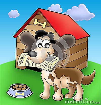 Dog with news in front of kennel Cartoon Illustration