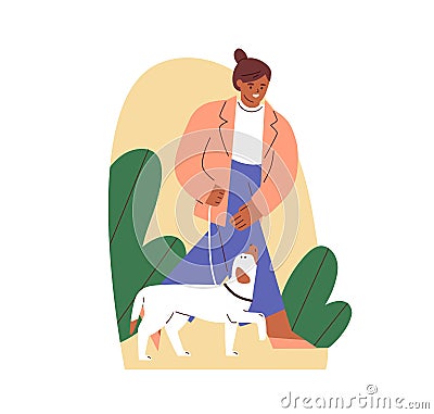 Dog obeying heel command and walking on leash with its owner. Canine instructor teaching doggy with hand signals Vector Illustration