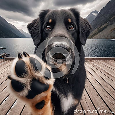 Dog offers paw to viewpoint, in home setting Stock Photo