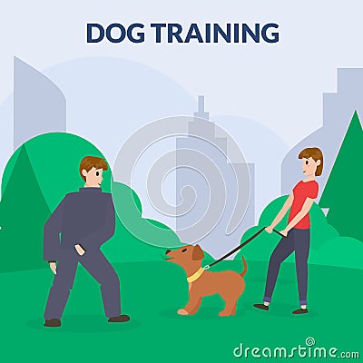 Dog park with sport equipment. A woman training dog. Cynology.Barking dog,attack. Flat vector. Vector Illustration