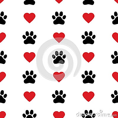 Dog Paw Cat Paw heart love puppy foot print kitten valentine vector Seamless Pattern Vector Illustration