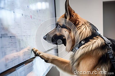dog, with paw on futuristic touchscreen, designing the next generation of buildings Stock Photo