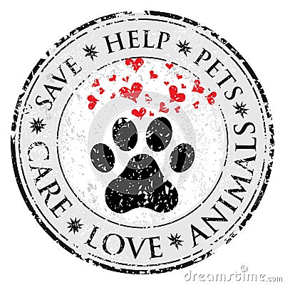 Dog paw heart love sign icon. Pets symbol textured web button. Vector Grunge post stamp. Circle banner or label. Protect your dog Vector Illustration