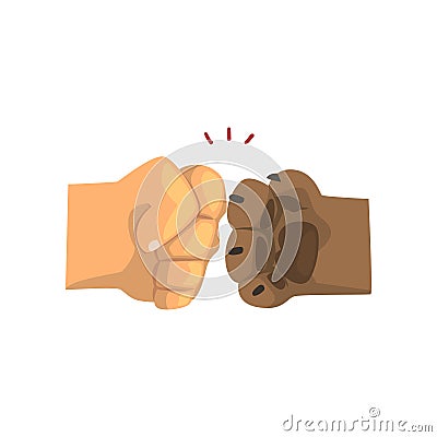 Dog paw and human hand bumping together, friendship, training, veterinary care concept vector Illustration on a white Vector Illustration